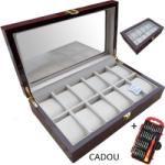 WatchBox Cutie Depozitare 12 Ceasuri - Lemn Natural - Elemente Aurii - Catifea - 33x20x9 cm - WatchBox (CDL020)