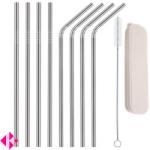  Szívószál szett tokkal tisztító kefével, 4 db egyenes 4 db hajlított acél 6mm x 215 mm