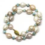  Colier din Perle de Cultura cu Larimar - Baroca - 12-14 x 11-13 mm - ACC. Gold Filled