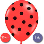 PartyDeco Pöttyös léggömb, 30cm, piros színben, fekete pöttyökkel, 5 db/cs