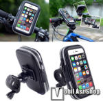  UNIVERZÁLIS biciklis / kerékpáros tartó konzol mobiltelefon készülékekhez - 152 x 75 mm-es bölcső, cseppálló védő tokos kialakítás - FEKETE
