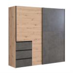 Kring Houston Ruhásszekrény, Csúsztatható ajtók, Fiókok, 200 x 200 x 61 cm, Tölgy/Sötétszürke beton