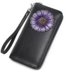  Fekete bőr pénztárca lila virág díszítéssel (0493. ) (WAL011)