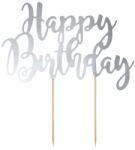PartyDeco Decoraţiune pentru tort "Happy Birthday" - argintie