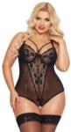 SoftLine Amanda elegáns szexi alul nyitott fekete csipke body moletteknek XL