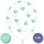 PartyDeco S. r. o Átlátszó lufi, menta zöld szívekkel díszítve, 30cm, 5 db/cs