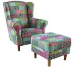 TEMPO KONDELA füles fotel puffal, szövet patchwork M1, ASTRID - kondela