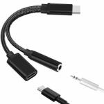 Mobile Tech Protection Cablu Adaptor USB Type C la USB Type C + 3.5 mm Jack Nylon Braided MTP - Black