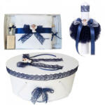 Produs vandut si livrat de S. C. Denikos Creativ S Set trusou botez, cutie trusou si lumanare, Ingeras, dantela bleumarin, Denikos® 473