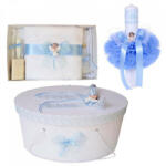 Produs vandut si livrat de S. C. Denikos Creativ S Set trusou botez, cutie trusou si lumanare, Ingeras, dantela bleu, Denikos® 472