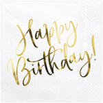 PartyDeco Szalvéta, fehér, happy birthday, arany betűkkel, 20 db, 33x33 cm