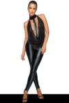 Noir Handmade Catsuit Crotchless Wetlook si Tul cu Pietre Stralucitoare S