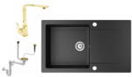  Gránit mosogatótálca NERO Gold + Design Gold csaptelep + dugókiemelő (matt fekete)