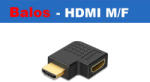  HDMI könyök adapter, HDMI dugó - HDMI aljzat 90°, aranyozott, fekete, balos