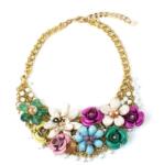 Pami Accessories Colier statement cu flori si lant mare, CLC-100, 50 + 7 cm, Multicolor