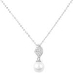 Pami Accessories Colier frunza cu strasuri si perla placat cu aur alb, CLC-60, 39 + 5 cm, Argintiu