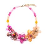 Pami Accessories Colier statement cu flori si cristale, CLC-100, 55 + 7 cm, Ciclam/Portocaliu