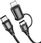 hoco. X50 2in1 type-c & lightning PD gyorstöltő kábel, max. 60W 20V/3A, szövet, fekete