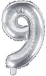 PartyDeco S. r. o 9. szám, fólia lufi, 35 cm, ezüst