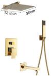 Dusche Fali zuhanyszett falba építhető falsík alatti csaptelep arany kádtöltő, esőztetős zuhanyfej sárgaréz 25 cm, kézi zuhanyfej keverőcsappal
