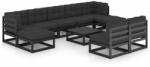 vidaXL Set mobilier grădină cu perne, 10 piese, negru, lemn masiv pin (3077143)
