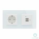 Smarthugo Dupla Sorolt Fehér Üvegkeretes Konnektor + Dupla USB Csatlakozó (sh2590001)
