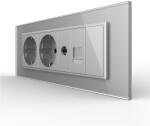 LIVOLO Priza Tripla cu Blank Livolo cu Rama din Sticla 2 Prize Schuko+TV/internet, Standard Italian - Serie Noua - culoare gri