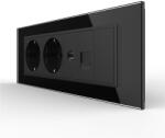 LIVOLO Priza Tripla cu Blank Livolo cu Rama din Sticla 2 Prize Schuko+TV/internet, Standard Italian - Serie Noua - culoare negru