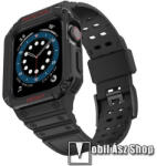  Okosóra szilikon szíj és műanyag védő keret - 106mm + 127mm hosszú - FEKETE - APPLE Watch Series 1/2/3 42mm / 4/5/6/SE 44mm / 7 / 8 45mm