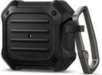  Bluetooth fülhallgató töltőtok tartó, szilikon, vezeték nélküli töltés támogatás, karabiner, Apple AirPods 3 kompatibilis, Spigen Tough Armor, fekete