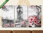  Többrészes Vászonkép, Premium Kollekció: Rózsák és Big Ben, London (olajfestmény reprodukció)(125x70 cm, L01)