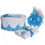Produs vandut si livrat de S. C. Denikos Creativ S Set elegant trusou botez, cutie trusou si lumanare iepuras pufos, dantela si fundite, decor Turcoaz, Denikos® 933