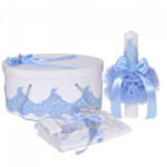 Produs vandut si livrat de S. C. Denikos Creativ S Set elegant trusou botez, cutie trusou si lumanare, decor dantela Bleu diafana, Denikos® 958