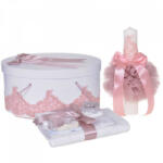 Produs vandut si livrat de S. C. Denikos Creativ S Set elegant trusou botez, cutie trusou si lumanare, decor dantela Roz pudra diafana, Denikos® 956