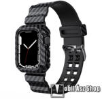  Okosóra szilikon szíj és műanyag védő keret - karbon mintás, 245mm hosszú - FEKETE - Apple Watch Series 1/2/3 38mm / 4/5/6/SE 40mm / 7/8/9 41mm / 10 42mm