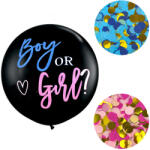  Babaváró lufi - Boy or Girl feliratú fekete lufi konfettivel