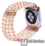  Okosóra műanyag / rozsdamentes acél szíj - RÓZSASZÍN / ARANY - 155mm hosszú, gyönggyel és strasszkővel díszített - Apple Watch Series 1/2/3 42mm / 4/5/6/SE 44mm / 7/8 45mm / Ultra 49mm