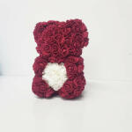 Aranjamente florale - Ursulet floral 25 cm decorat manual cu trandafiri spuma, cu inima in cutie Bordo