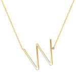 SAVICKI Colier literă W din argint placat cu aur cu safir alb 0.05 ct 45 cm