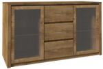 Mobikon Comoda cu 2 usi din sticla si trei sertare stejar lefkas inchis Montana 140x43x80 cm (0000086168) Comoda