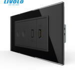 Livolo Intrerupator tactil dublu + priza dubla USB, 4M, cu rama sticla crystal Livolo (VL-FC2-2FCUS-2BP-P9E)