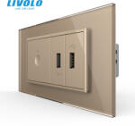 Livolo Intrerupator cu touch integrat cap scara cruce wireless si priza dubla USB, 4M, cu rama sticla Livolo (VL-FC1SR-2FCUS-2AP-P9E)