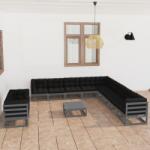 vidaXL Set mobilier de grădină cu perne, 12 piese, gri, lemn masiv pin (3076991)