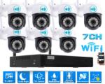  7 Kamerás Kültéri Wifi forgatható megfigyelő rendszer 3MP, 8 csatornás ONVIF NVR, színes éjszakai látás, H. 265+