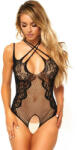 Leg Avenue Net And Lace Crotchless Teddy - szexi body (fekete)