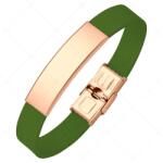 BALCANO - Zöld színű bőr karkötő, gravírozható, téglalap alakú 18K rozé arany bevonatú nemesacél fejrésszel / 26 cm