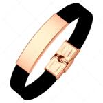  BALCANO - Fekete színű kaucsuk karkötő, gravírozható, téglalap alakú 18K rozé arany bevonatú nemesacél fejrésszel / 24 cm