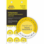  Avery Zweckform No. 6977-2024 sárga színű, 20 mm átmérőjű, öntapadós biztonsági hitelesítő címke, 2024-2029-es évszámmal, Geprüft nach DGUV Vorschrift 3 felirattal - kiszerelés: 120 címke / csomag