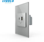 LIVOLO Priza dubla USB si USB tip C cu panou din sticla standard italian Livolo (VL-FCUA18W.UC18W-P9E-2IP)